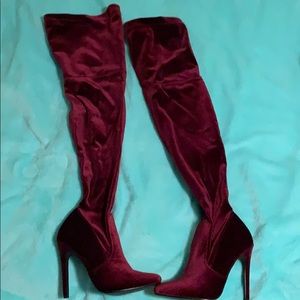 Velvet thigh high heeled boots